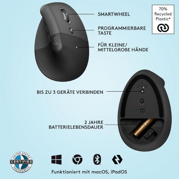 🖱️ Logitech Lift Vertikale Ergonomische Wireless Maus für 45,90€ (statt 51€)