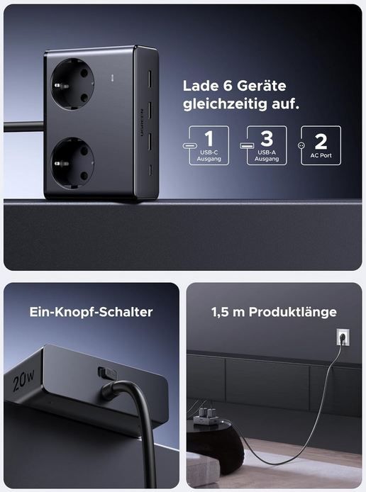 🔌 UGREEN 6 Fach Steckdosenleiste mit USB C/A + Schalter für 20,99€ (statt 30€)