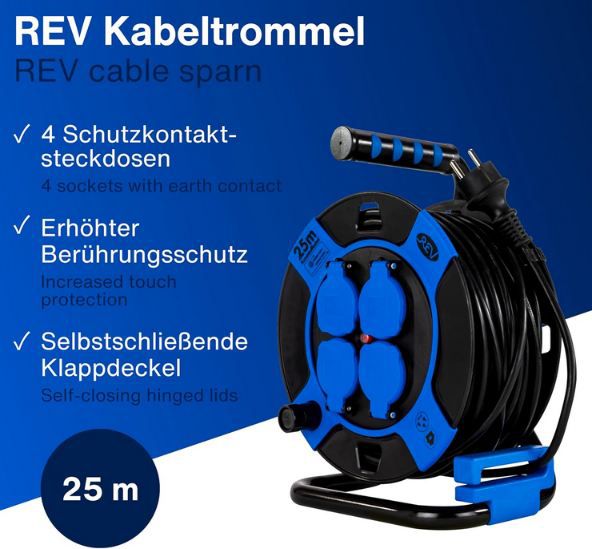 🔌 REV Outdoor Kabeltrommel mit 4 Dosen, IP44, 25m für 40,69€ (statt 52€)