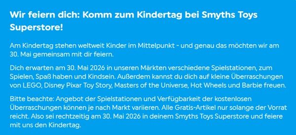 đ§đŠ Erinnerung! Gratis: Kindertagsfeier in den Smyths Toys Stores am 30.05.2026 đ§đŠ Erinnerung! Gratis: Kindertagsfeier in den Smyths Toys Stores am 30.05.2026