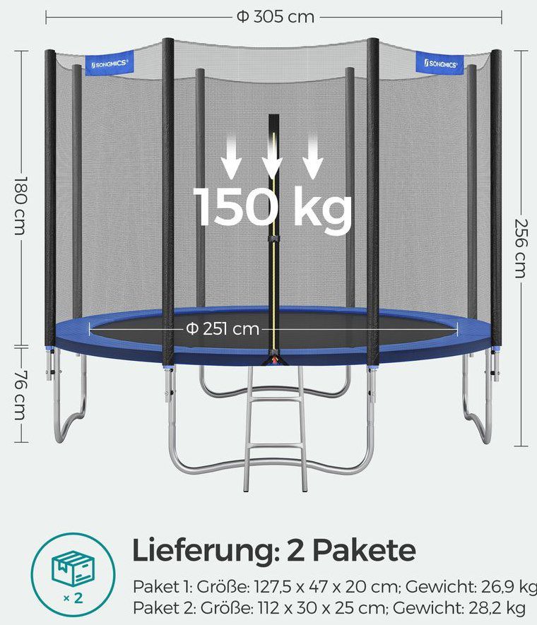 SONGMICS Trampolin (305cm) mit gepolsterten Stangen für 155,99€ (statt 175€)