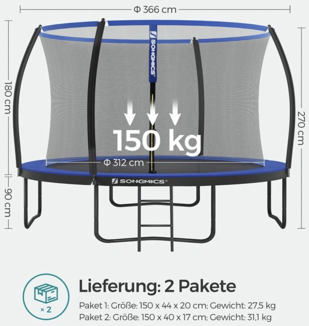 Songmics Trampolin (366cm) mit Sicherheitsnetz für 188,99€ (statt 220€)