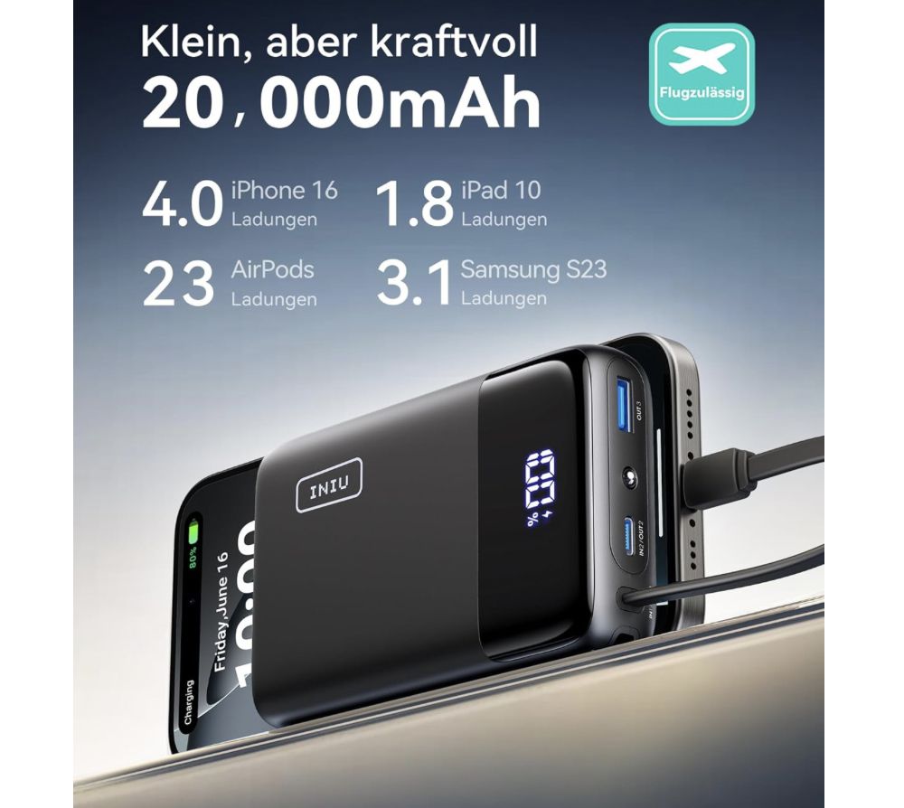 🪫🔋🔝 INIU Kleine Powerbank mit 45W & 20000mAh für 28,47€ (statt 48€)