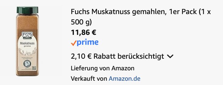 500g Fuchs Muskatnuss gemahlen ab 11,86€ (statt 24€)