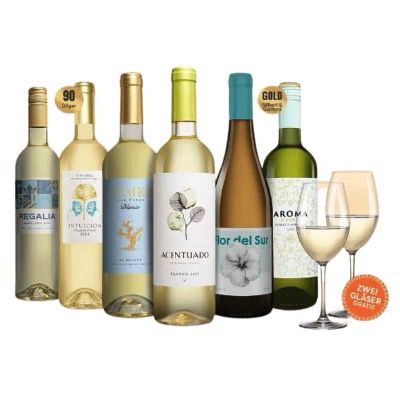 🥂 Vinos Blanco Paket mit 6 Flaschen Weißwein + 2 Gläser ab 25,99€ (statt 49€)