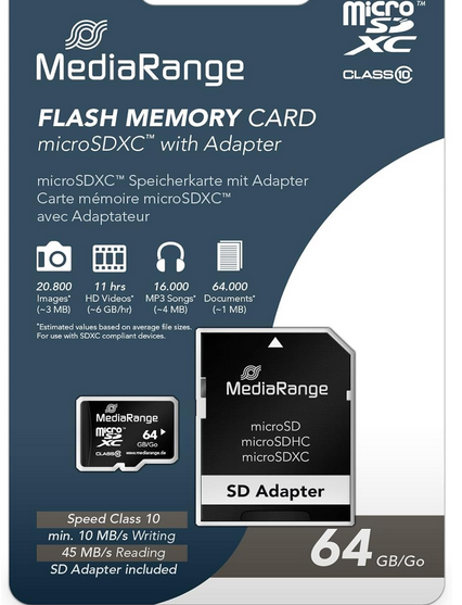 Mediarange MR955 Micro SDXC Karte 64GB Speicherkarte für 4,99€ (statt 9€)