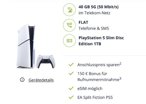 🎮 PlayStation 5 Disc Slim für 5€ + Telekom Allnet 40GB für 29,99€ mtl. + 150€ Bonus