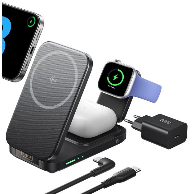 Iniu 3 in 1 Mag-Safe 15W Ladegerät Qi2 für Apple ab 21,24€ (statt 50€)
