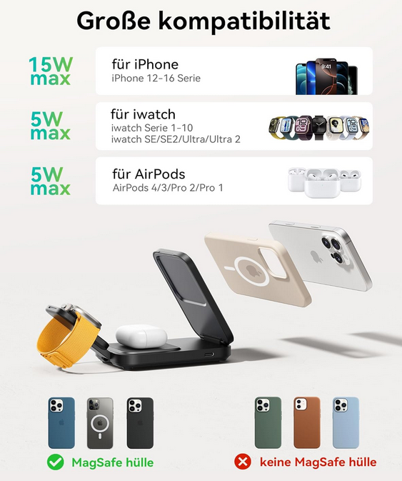 Iniu 3 in 1 Mag Safe 15W Ladegerät Qi2 für Apple ab 21,24€ (statt 50€)