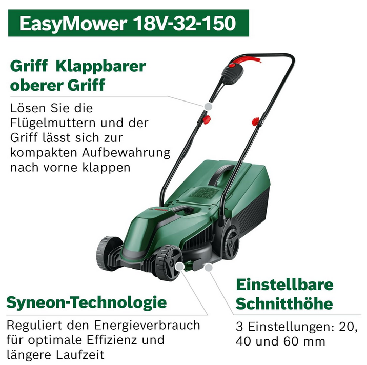 🏎️Bosch EasyMower 18V 32 150 Akku Rasenmäher 32cm für 169,99€ (statt  225€)