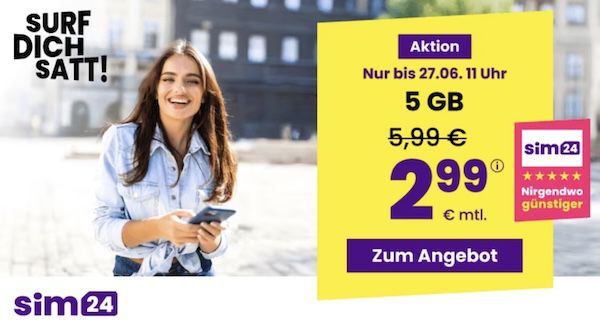 📱 sim24 Allnet Flat mit 5GB für nur 2,99€ mtl.   monatlich kündbar!