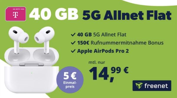 🎶 Apple AirPods Pro 2nd Gen für nur 5€ + Telekom Allnet 40GB für nur 14,99€ mtl. + 150€ Bonus