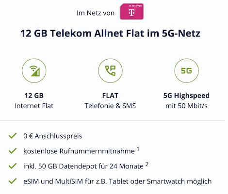 🔥 Nur wenige Tage 🤯 Telekom Allnet mit 12GB 5G für 4,99€ mtl. + 50GB Depot + 0€ AG