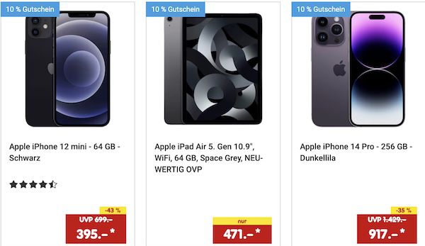 🍏 10% Rabatt auf ausgewählte iPads & iPhones   z.B. iPhone 15 Pro Max für 950€ (statt 1.090€)