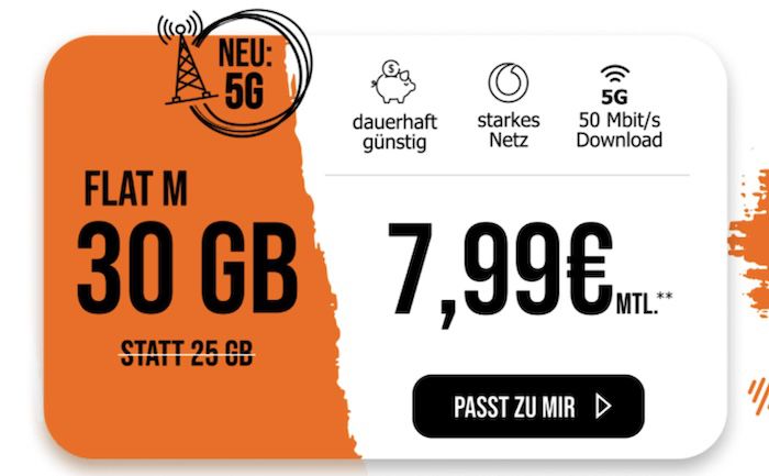 🔥 Vodafone Allnet mit 30GB 5G für nur 7,99€ mtl.