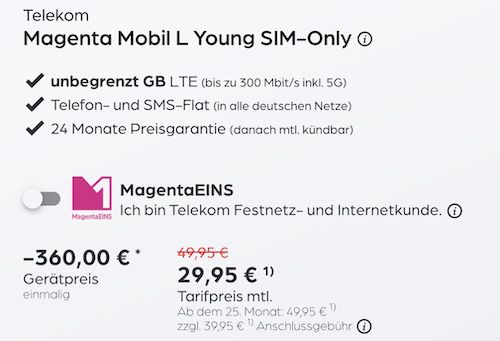 🔥 Young Tarif: Telekom Magenta Mobil L Young mit unlimited 5G für eff. 16,61€ mtl. dank 360€ Bonus 🔥 Young Tarif: Telekom Magenta Mobil L Young mit unlimited 5G für eff. 16,61€ mtl. dank 360€ Bonus