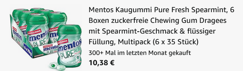 6x Mentos Kaugummi Pure Fresh Spearmint zuckerfrei ab 10,38€ (statt 19€)