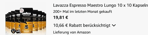☕ 10 x 10 Nespresso Kapseln Lavazza Espresso Maestro Lungo ab 19,81€ (statt 37€) ☕ 10 x 10 Nespresso Kapseln Lavazza Espresso Maestro Lungo ab 19,81€ (statt 37€)