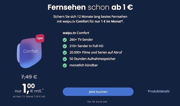 🤯 KRASS 🔥12 Monate Waipu.tv Comfort nur 1€ mtl. (statt 7,49€)   Neukunden