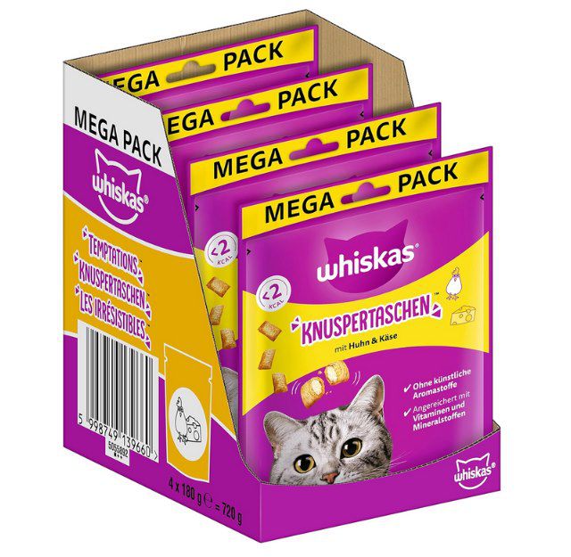 😻 4x Whiskas Knuspertaschen Huhn & Käse (180g) ab 9,56€ (statt 15€)