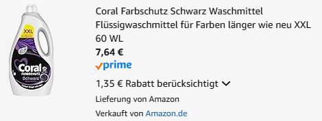 🌈 Coral Farbschutz Schwarz Waschmittel (60 WL) für 7,64€ (statt 12€)