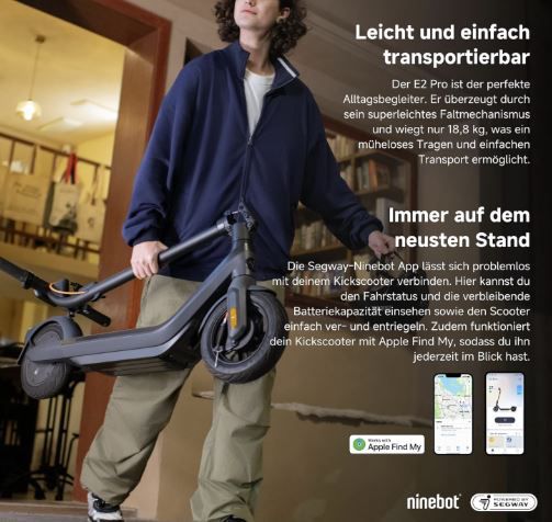 Segway Ninebot E2 Pro D E Scooter, 20km/h, 35km Reichweite für 276,47€ (statt 329€)