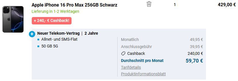 📱 Apple iPhone 16 Pro Max für 429€ + Telekom 50GB 5G für 49,95€ mtl + 240€ Bonus
