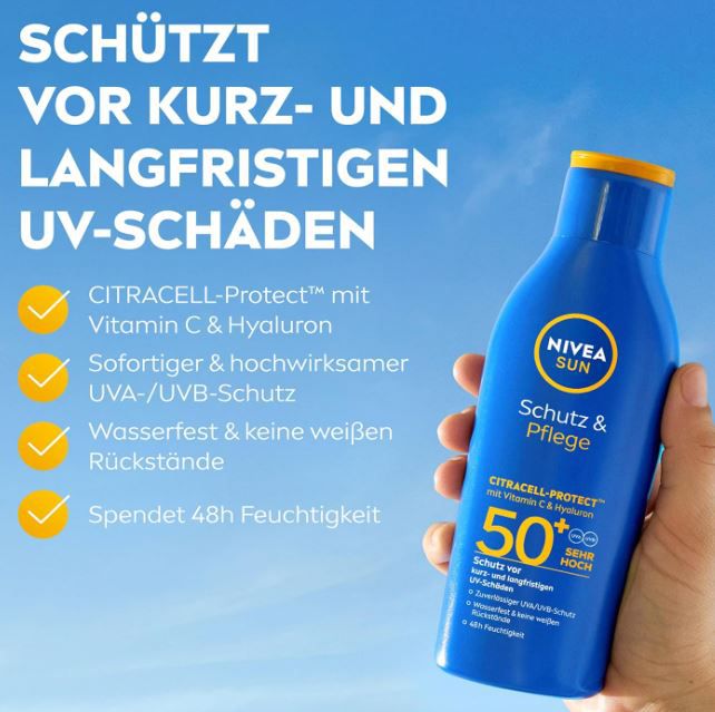 😎 NIVEA SUN Schutz & Pflege Sonnenlotion 200ml LSF 50+ ab 7,51€ (statt 11€)