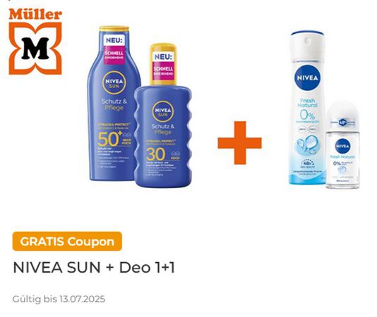 Couponplatz: 1x NIVEA SUN Produkt kaufen, ein NIVEA Deo Spray o. Roll On gratis dazu
