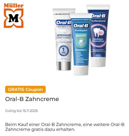 Couponplatz: 2x Oral-B Zahncreme kaufen und 1x Oral-B Zahncreme gratis dazu Couponplatz: 2x Oral B Zahncreme kaufen und 1x Oral B Zahncreme gratis dazu