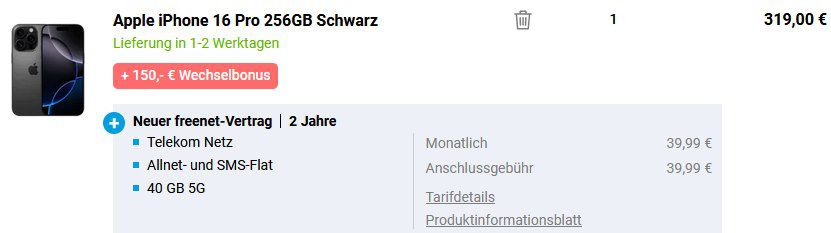 😱Eff. 0,44€ mtl 🍏iPhone 16 Pro 256GB für 319€ + Telekom 5G 40GB für 39,99€ mtl + Bonus