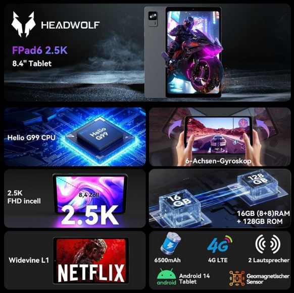 📱 Headwolf FPad6 Android Tablet mit 8, 8GB+128GB für 149,99€ (statt 180€)