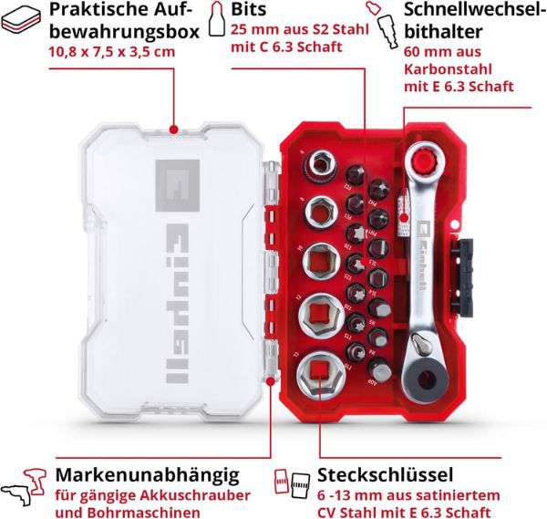 🧰 Original Einhell XS CASE Bit  & Steckschlüssel Set, 21 tlg. für 14,99€ (statt 20€)