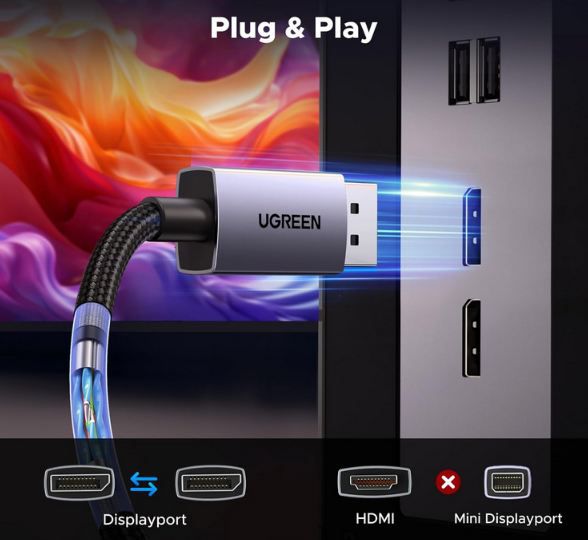 🖥️ UGREEN 16K Displayport Kabel 2.1 mit 2 Meter für 9€ (statt 13€)