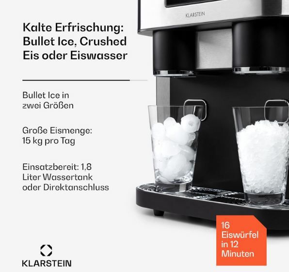 🧊 Klarstein Eiszeit Crush Eiswürfelmaschine für Crushed & Bullet Eis für 285,99€ (statt 324€)