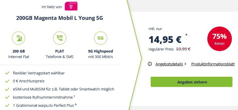 🔥 Young Tarif: Telekom Magenta Mobil L Young 5G mit 200GB für 14,95€ mtl.