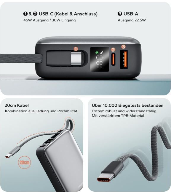🔋 Eazpower Powerbank mit USB C Kabel & 20.000mAh, 45W für 24,99€ (statt 50€)