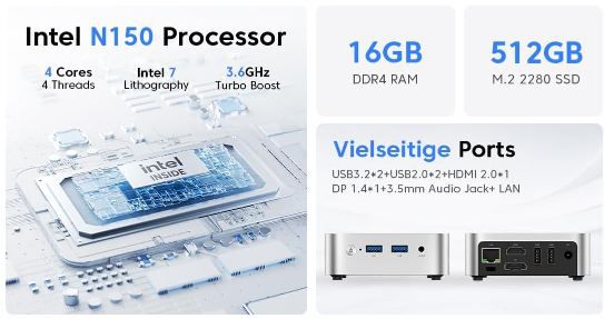 🖥️ ACEMAGICIAN Vista V1 Mini PC mit N150, 16GB, 512GB für 178€ (statt 239€)