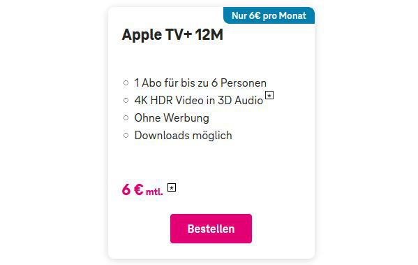 🍏📺 Telekom: 12 Monate Apple TV+ Abo für 6€ mtl. (statt 10€)