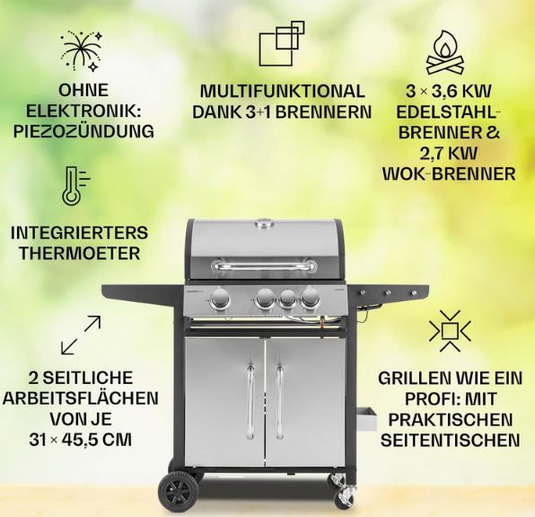 🥩 Klarstein Tomahawk 3.1 S Gasgrill mit 3 Brenner + Seitenbrenner für 278,99€ (statt 385€)