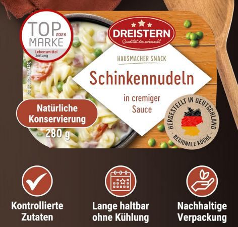 🍝 4x Dreistern Schinkennudeln mit Gemüse, je 280g ab 7,16€ (statt 10€)