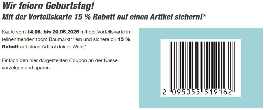 🛠️ toom Vorteilskarte: 15% Rabatt auf einen Artikel eurer Wahl   Nur im Markt!