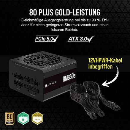🖥️ Corsair RM850e Vollmodulares ATX Netzteil, 80 Plus Gold für 109,90€ (statt 132€)
