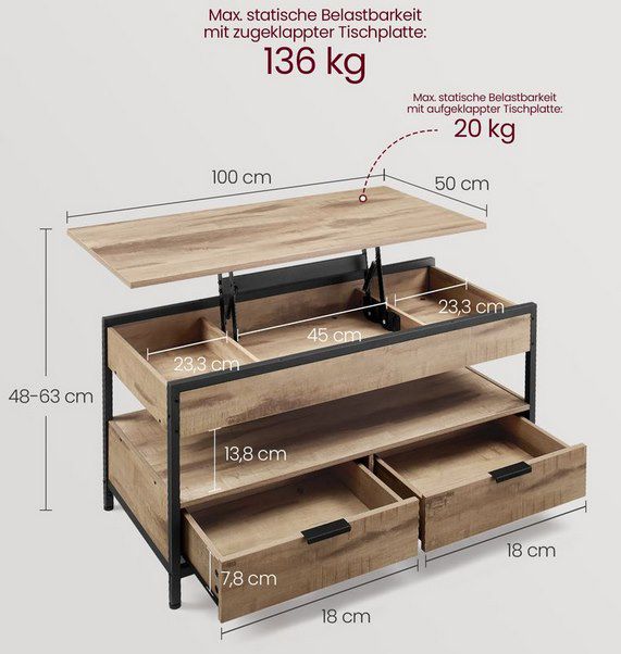 VASAGLE Couchtisch mit Schubladen für 69,99€ (statt 100€)