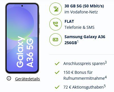 ‼️Eff 0,37€ mtl 📱Samsung Galaxy A36 256GB für 29€ + Vodafone 30GB für 19,99€ + über 200€ Boni