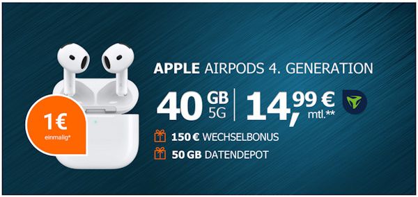 🎧 Telekom Allnet 40 GB 5G für 14,99€ mtl. + AirPods 4. Gen. ANC