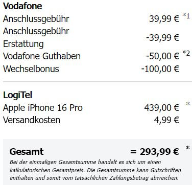📱 Apple iPhone 16 Pro 128GB + 20GB 5G Vodaphone Flat für 439€ und mtl. 29,99€ + 150€ Bonus