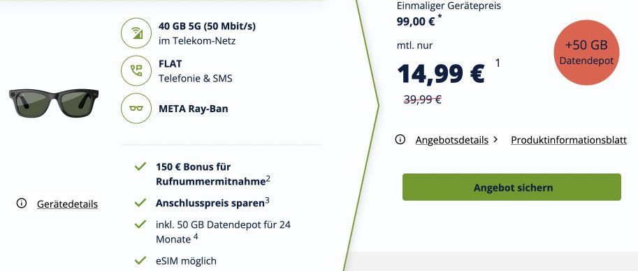 ‼️ Eff. GRATIS 🕶️ Ray Ban KI Meta Brille + 40GB 5G/LTE Telekom Allnet 14,99€ + 150€ Bonus
