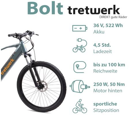 🔝🚵🏻‍♂️ Tretwerk Bolt 27 E Bike mit 27 Gängen & bis 100km Reichweite für 928€ (statt 1.047€)