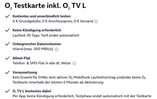 GRATIS! 🔥 o2 Testkarte mit unlimited 5G/LTE inkl. O2 TV L + Allnet (30 Tage) + Selbstkündigend